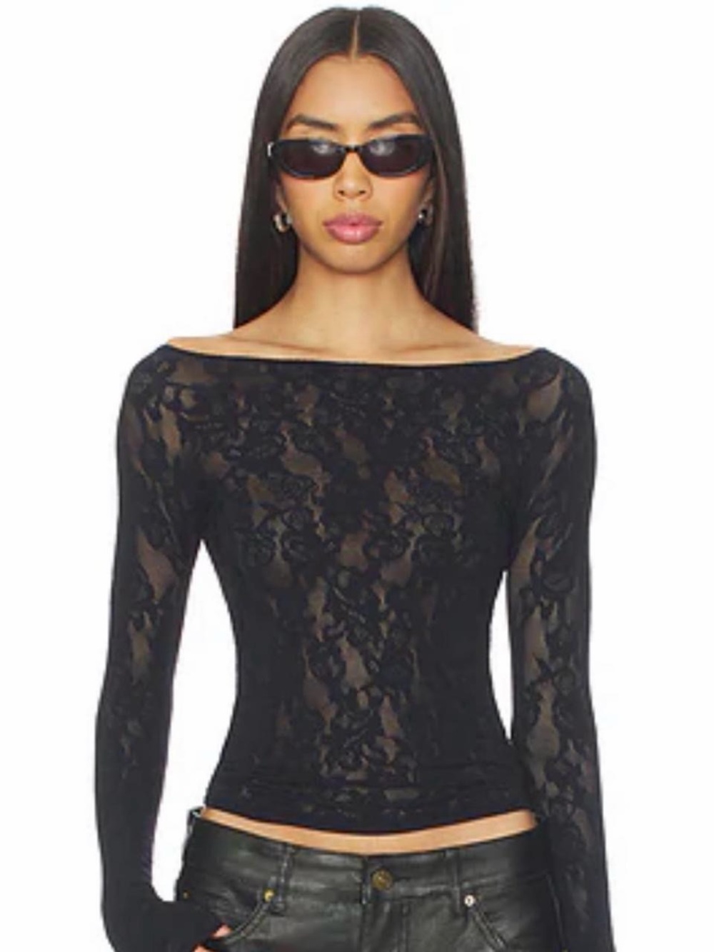 SKIMS Knit Lace Long Sleeve Boat Neck Top